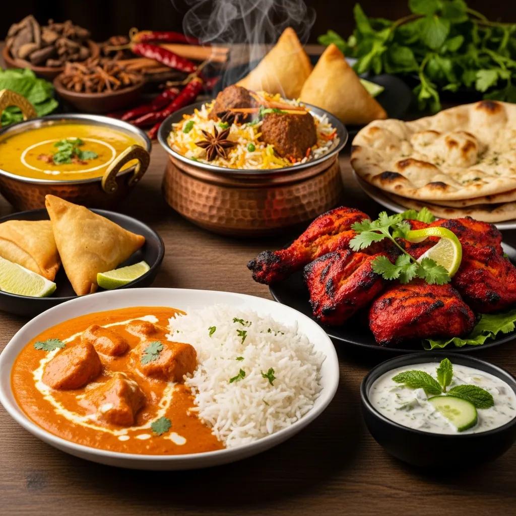 A colorful display of Indian takeaway dishes highlighting Butter Chicken, Tandoori Chicken, and Biryani