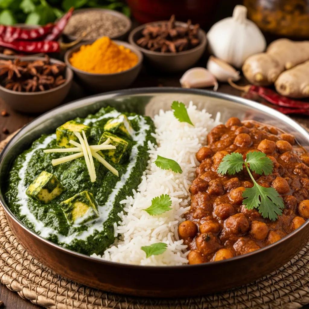 Close-up of authentic Indian dishes featuring Palak Paneer with spinach and cottage cheese, Chana Masala with chickpeas, served with basmati rice, garnished with fresh herbs, surrounded by spices and ingredients reflecting traditional Indian cuisine.