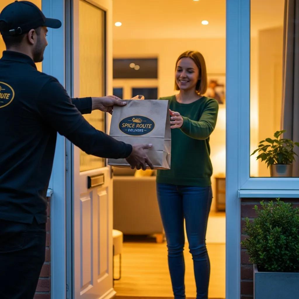 Delivery person handing over a bag of Indian takeaway food to a smiling customer at her doorstep, emphasizing convenience and service in the takeaway experience.