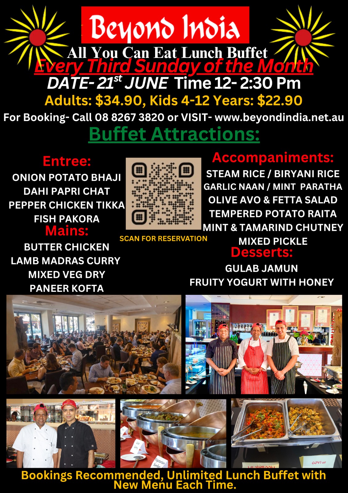 Beyond India all-you-can-eat buffet promotion for 21st June, featuring Indian dishes and booking details.