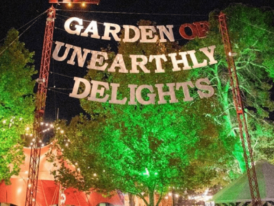 Garden of Unearthly Delights event signage and lights, Beyond India catering at Adelaide Showground